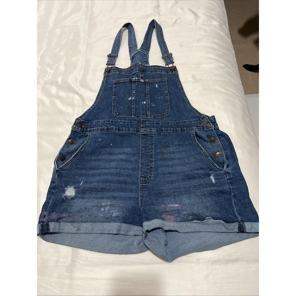 No Boundaries Shortalls XXL Denim Bib Overalls Shorts Distressed Festival Boho